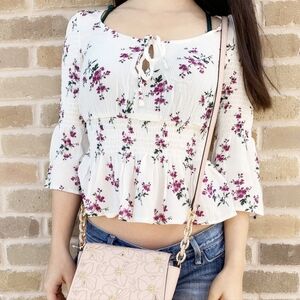 American Eagle White Smocked Floral Cottagecore White Top Bell 3/4 Sleeves Boho